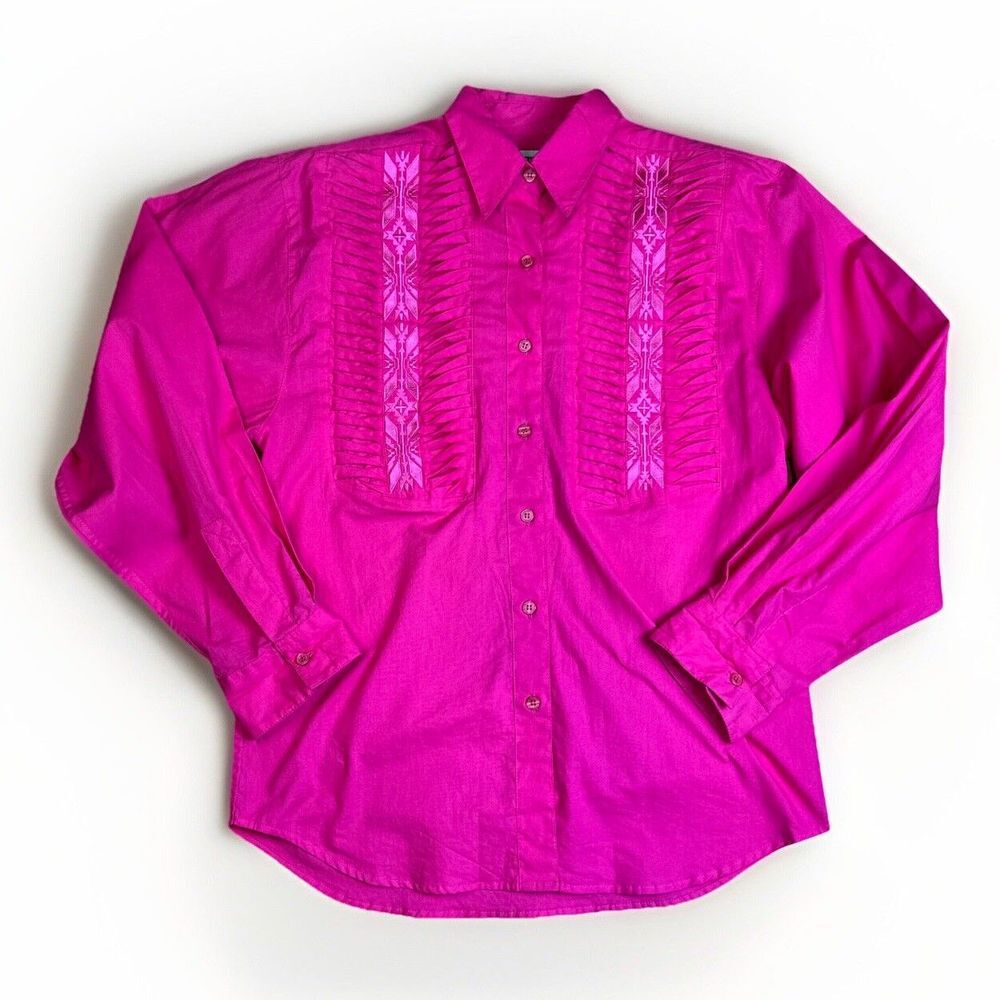 Vintage Wrangler Womens Button Front Pleated Western Pink Shirt Size M 15 15 1/2